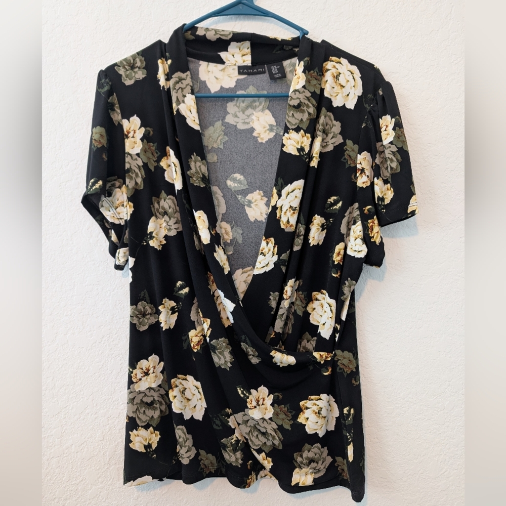 Tahari Black Floral Short Sleeve Faux Wrap Blouse XL